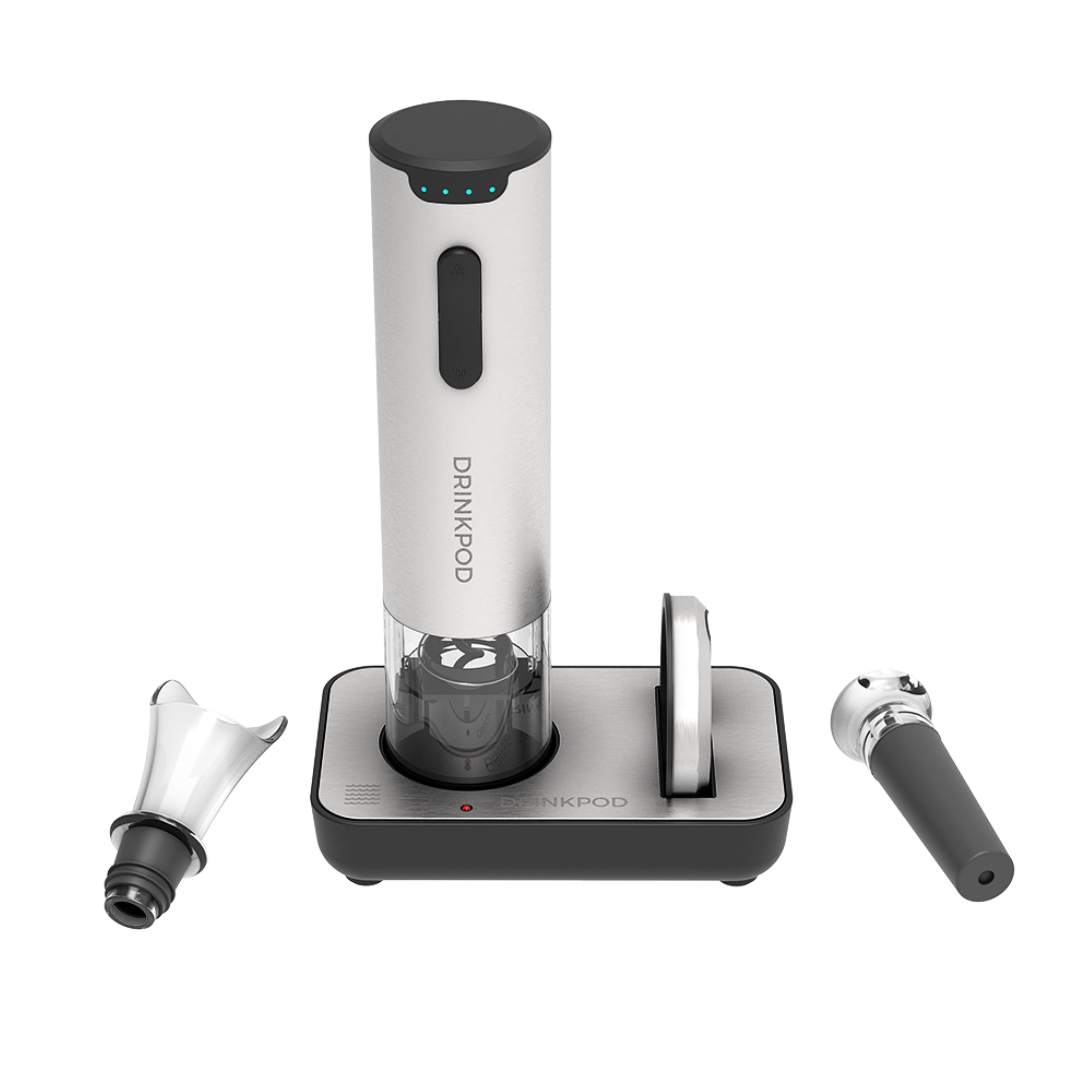 WineKEY Electric Wine Bottle Opener set including opener, charging base, foil cutter, wine pourer, and vacuum stopper in a stylish arrangement.